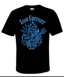 Max Siebel "Live Forever" tee, Overkill blue on black w/STICKER